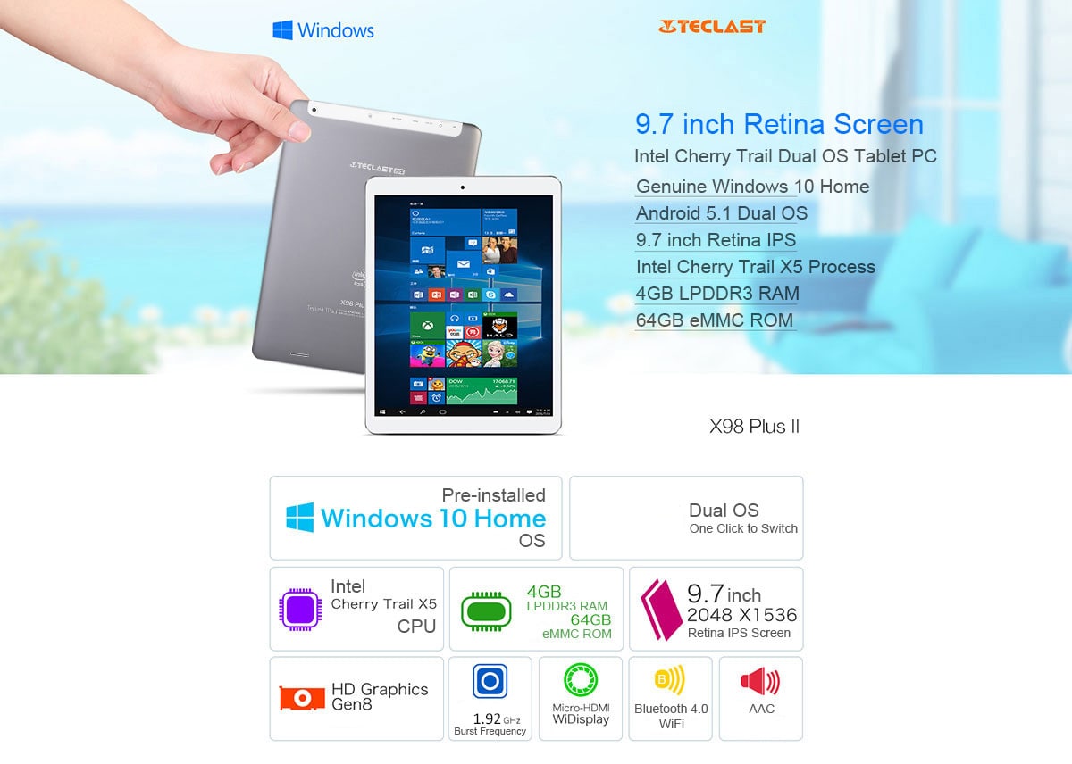 Teclast X98 Plus II 2 in 1 Tablet PC 9.7 inch Windows 10 + Android 5.1 Retina Screen Intel Cherry Trail X5 Z8350 64bit Quad Core 1.44GHz 4GB RAM 64GB ROM HDMI Cameras Bluetooth 4.0